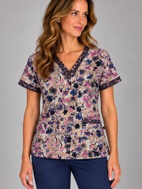 Koi Stretch L Pink Tan Floral Scrub Top V-Neck Short Sleeve Medical Uniform